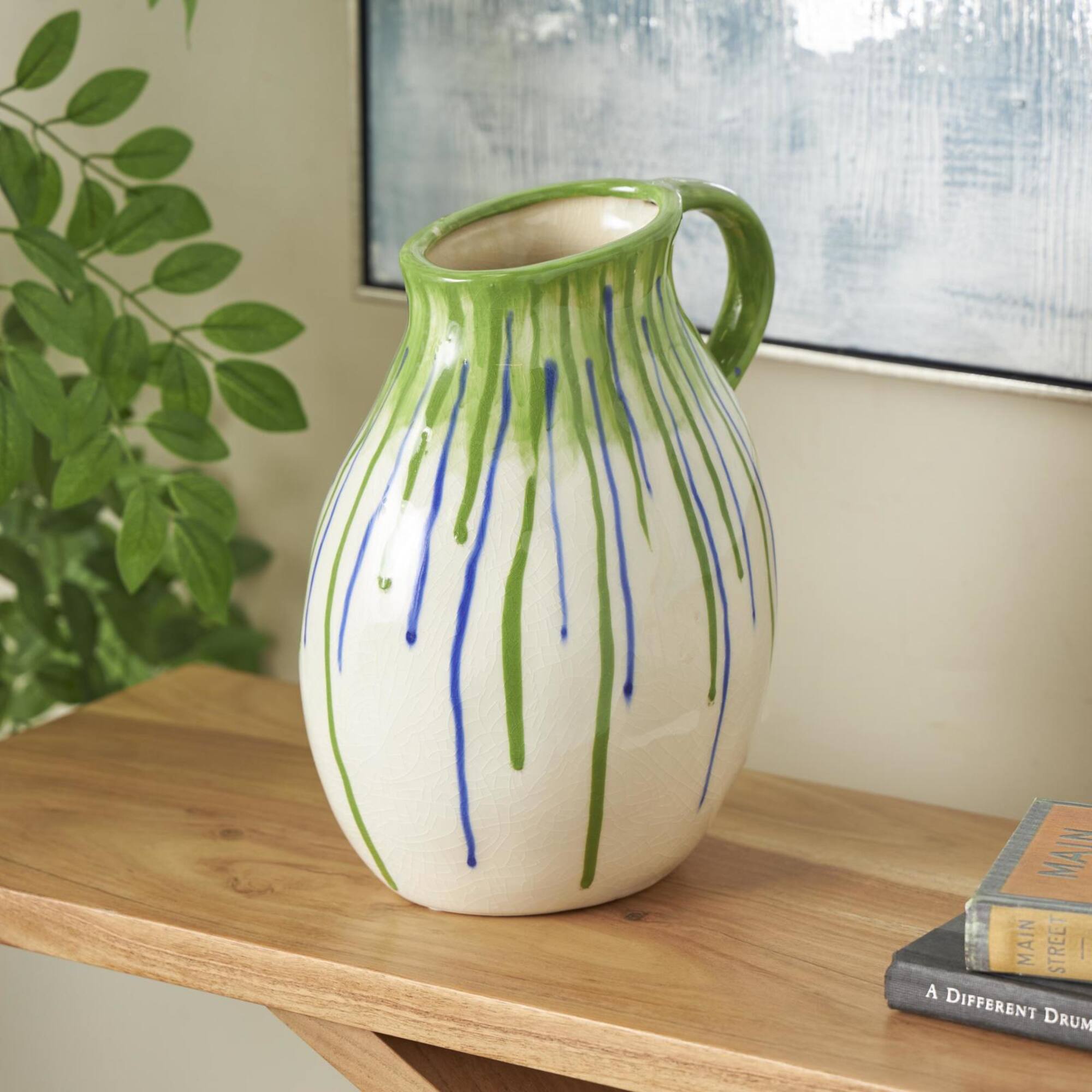 11" White, Green & Blue Drip Design Ceramic Vase with Handle